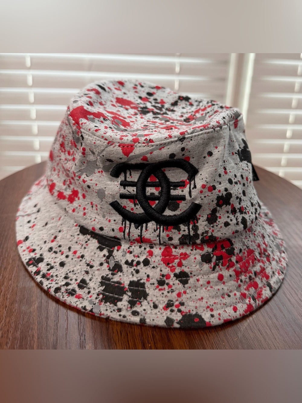 Huge Painted-Splatter Bucket Hat with Embroidered Logo - Red & Black